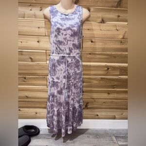 Sleeveless Mauve Tie-Dye Maxi Dress with Tassel Waist